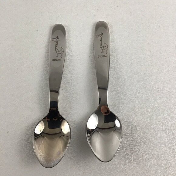 Unbranded Other - 2 Baby Toddler Child Feeding Spoon Set Giraffe Silver Pair Lot